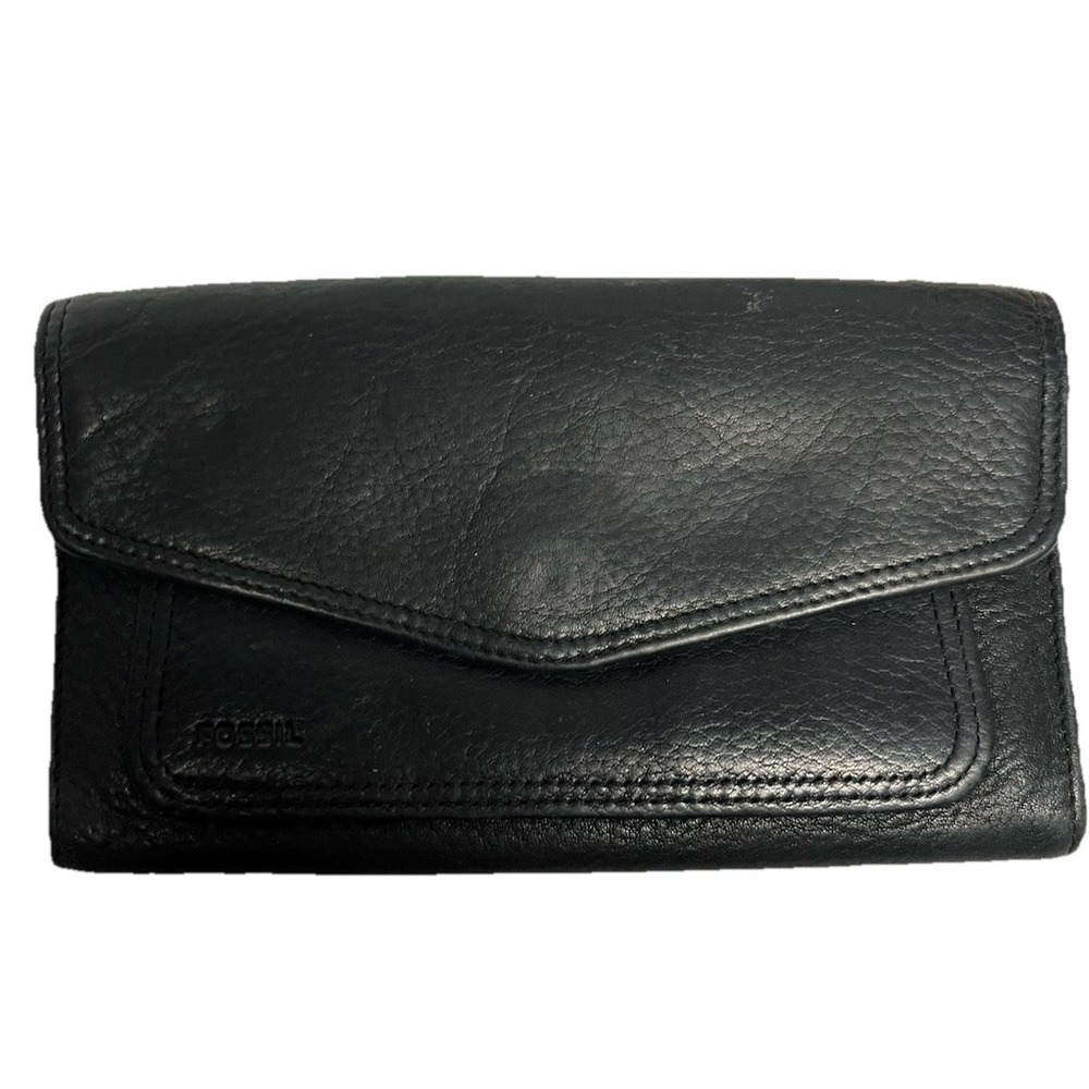 Fossil Black Genuine Soft Leather Tri-Fold Wallet Card Slots ID Clean 7"x4" Zip